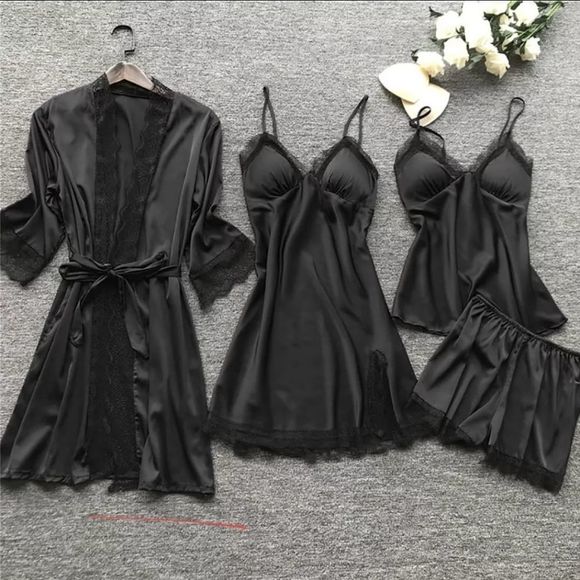 4PC  set Silk Robe Sleep Suit Womens Lace Satin Pa - Picture 1 of 5